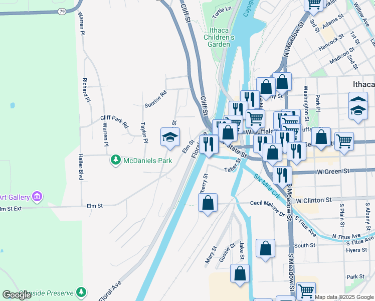map of restaurants, bars, coffee shops, grocery stores, and more near 203 Elm Street in Ithaca