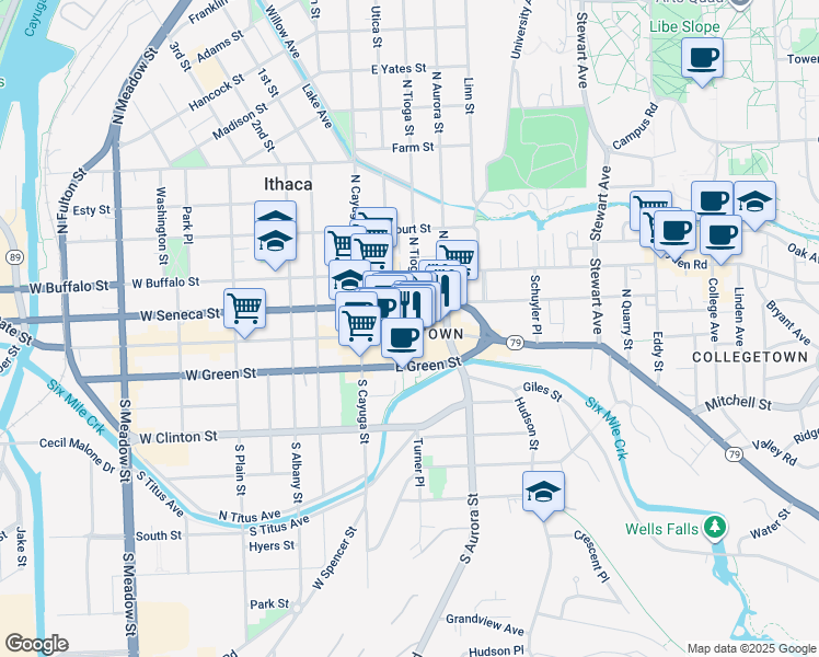 map of restaurants, bars, coffee shops, grocery stores, and more near 154 East State Street in Ithaca
