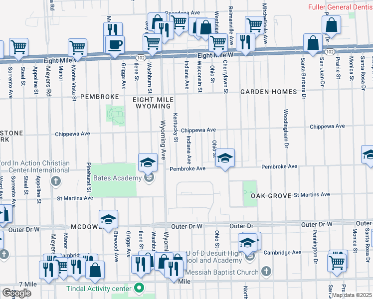 map of restaurants, bars, coffee shops, grocery stores, and more near 19946 Kentucky Street in Detroit