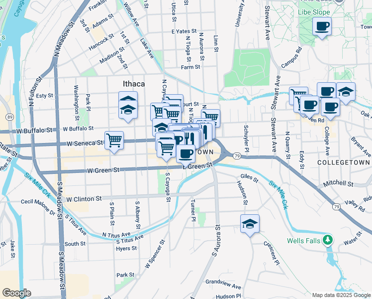 map of restaurants, bars, coffee shops, grocery stores, and more near in Ithaca
