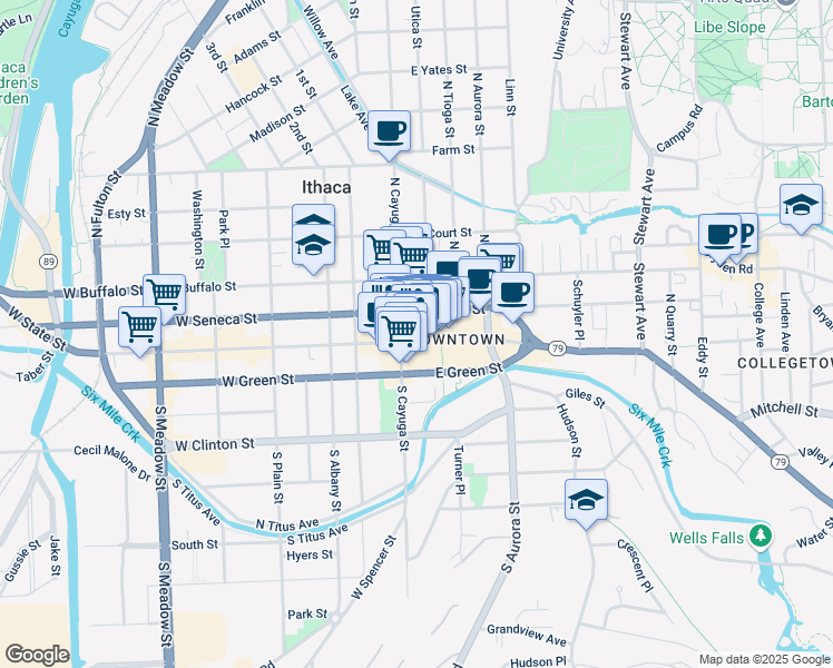 map of restaurants, bars, coffee shops, grocery stores, and more near 112 East State Street in Ithaca