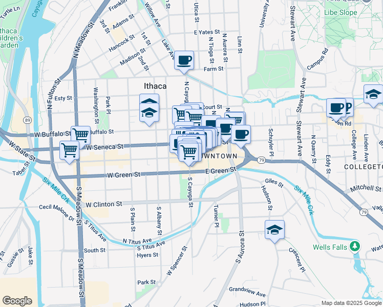 map of restaurants, bars, coffee shops, grocery stores, and more near in Ithaca