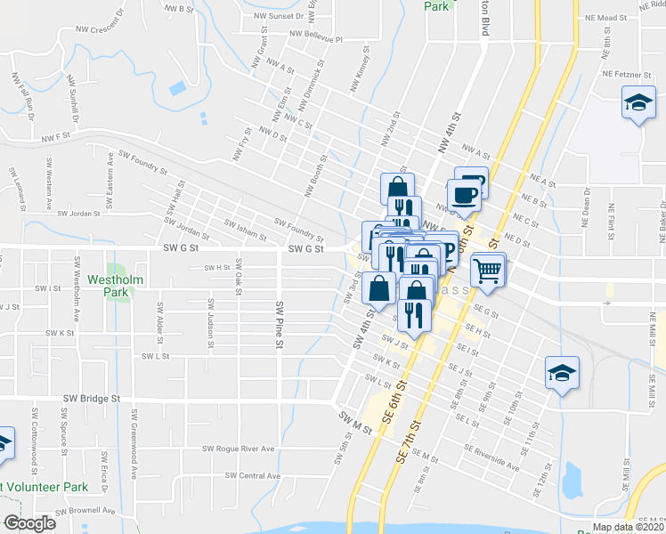 map of restaurants, bars, coffee shops, grocery stores, and more near 442 Southwest H Street in Grants Pass
