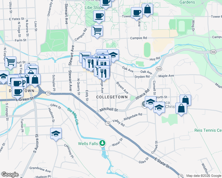 map of restaurants, bars, coffee shops, grocery stores, and more near in Ithaca