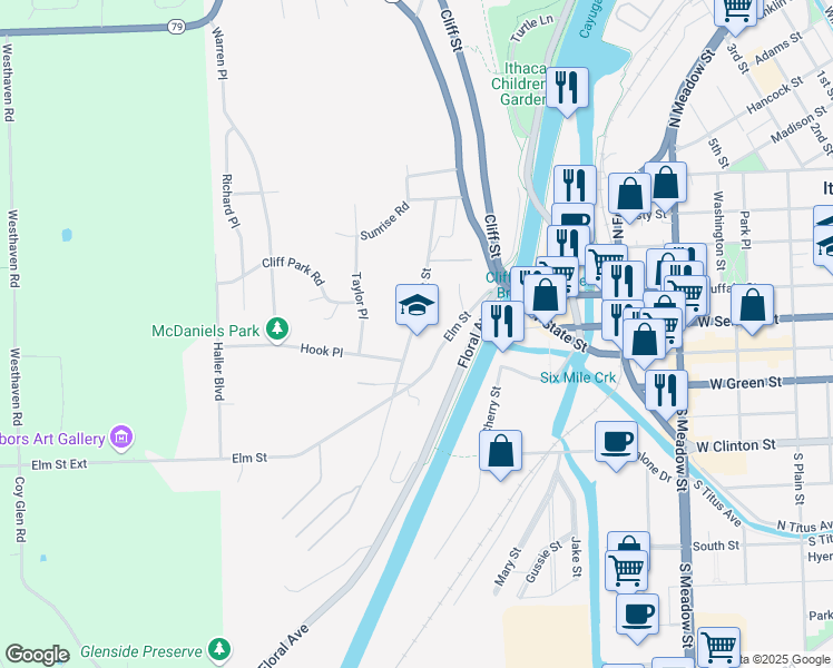 map of restaurants, bars, coffee shops, grocery stores, and more near 111 Chestnut Street in Ithaca