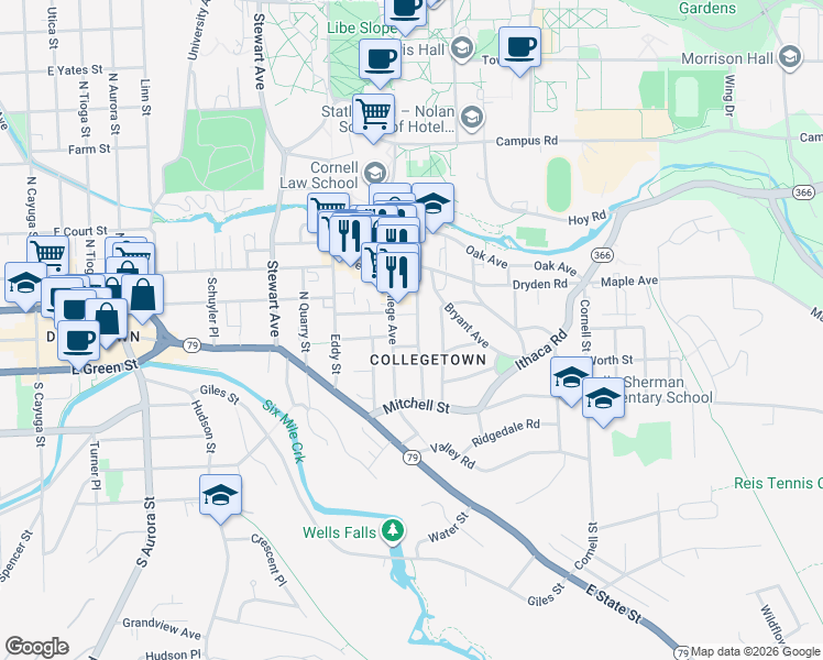 map of restaurants, bars, coffee shops, grocery stores, and more near 201 College Avenue in Ithaca