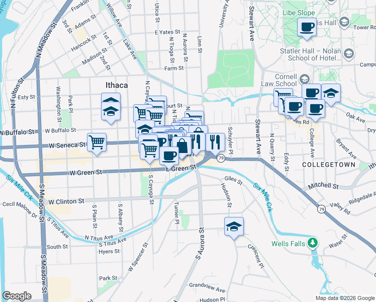 map of restaurants, bars, coffee shops, grocery stores, and more near 215 East State Street in Ithaca