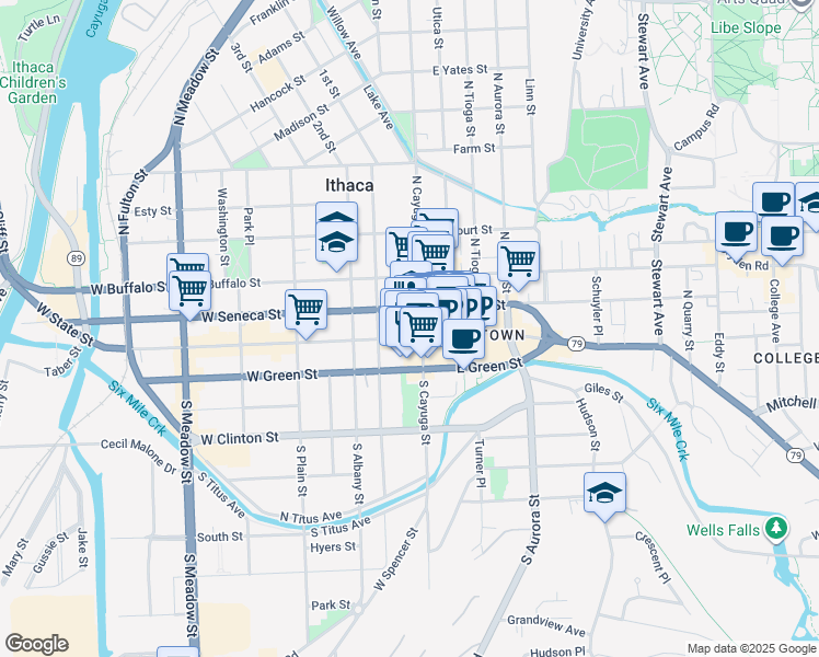 map of restaurants, bars, coffee shops, grocery stores, and more near 124 West State Street in Ithaca