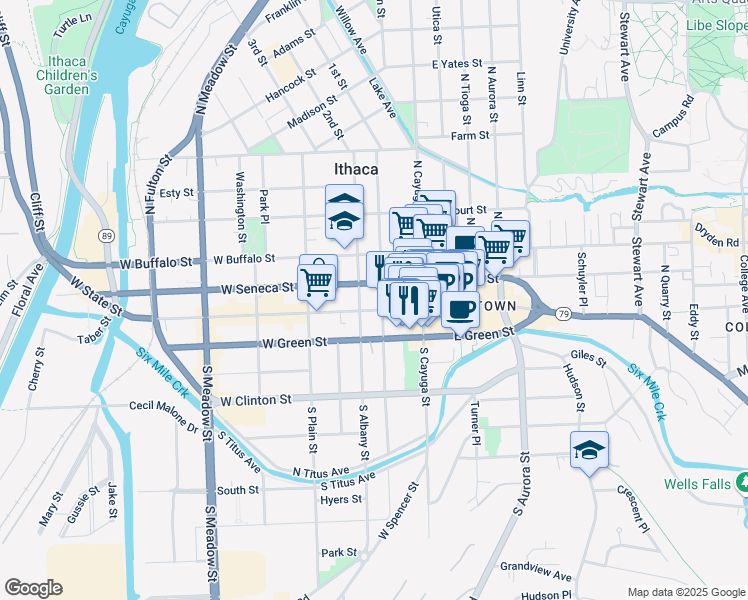 map of restaurants, bars, coffee shops, grocery stores, and more near 214 West State Street in Ithaca