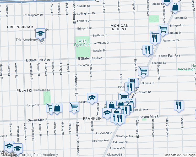map of restaurants, bars, coffee shops, grocery stores, and more near 13864 Liberal Street in Detroit