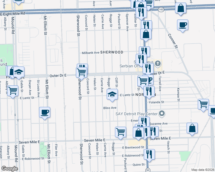 map of restaurants, bars, coffee shops, grocery stores, and more near 19642 Rogge Street in Detroit