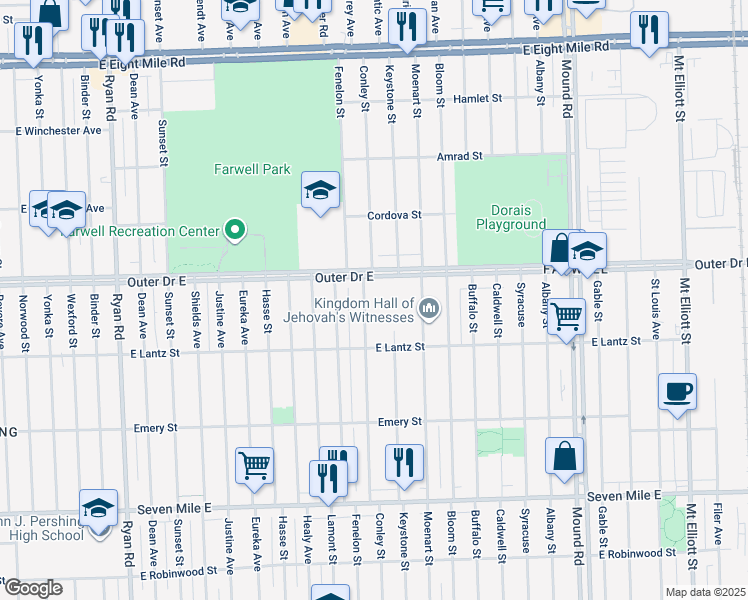 map of restaurants, bars, coffee shops, grocery stores, and more near 19676 Conley Street in Detroit