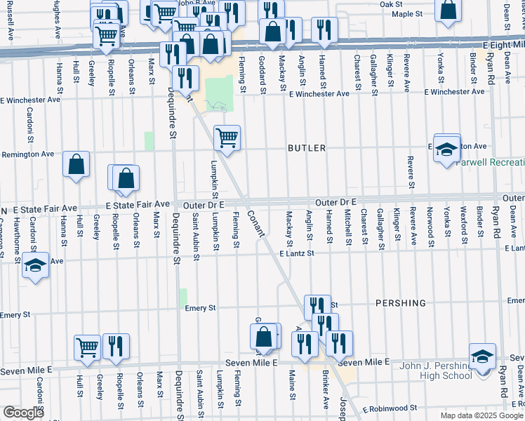 map of restaurants, bars, coffee shops, grocery stores, and more near 19735 Goddard Street in Detroit