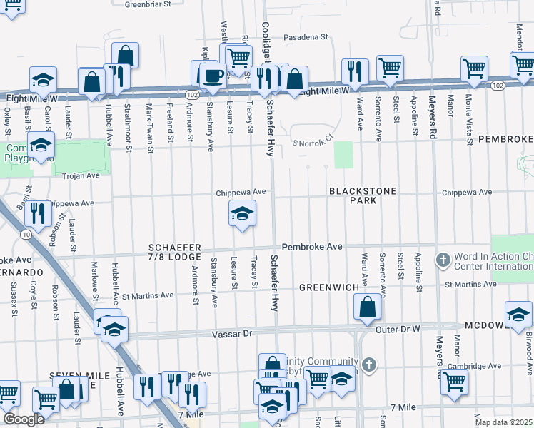 map of restaurants, bars, coffee shops, grocery stores, and more near 19981 Schaefer Highway in Detroit