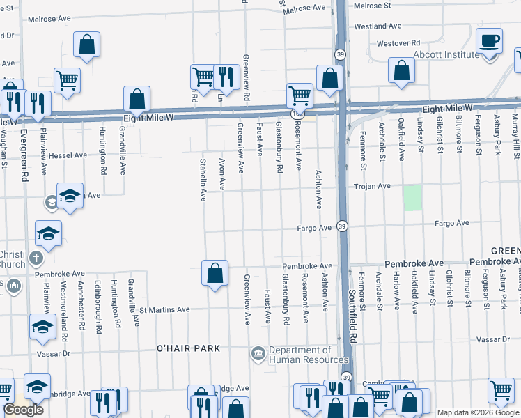 map of restaurants, bars, coffee shops, grocery stores, and more near 20044 Faust Avenue in Detroit