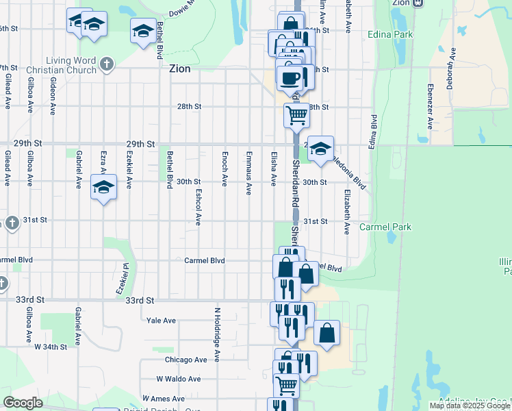 map of restaurants, bars, coffee shops, grocery stores, and more near 3019 Emmaus Avenue in Zion
