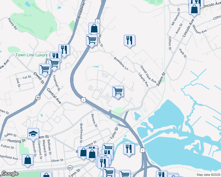 map of restaurants, bars, coffee shops, grocery stores, and more near 11 Overlook Ridge Drive in Revere