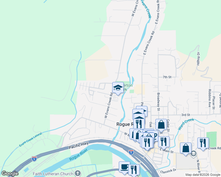 map of restaurants, bars, coffee shops, grocery stores, and more near 295 West Evans Creek Road in Rogue River