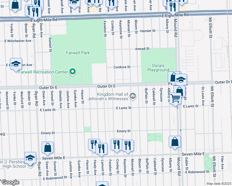 map of restaurants, bars, coffee shops, grocery stores, and more near 19676 Conley Street in Detroit