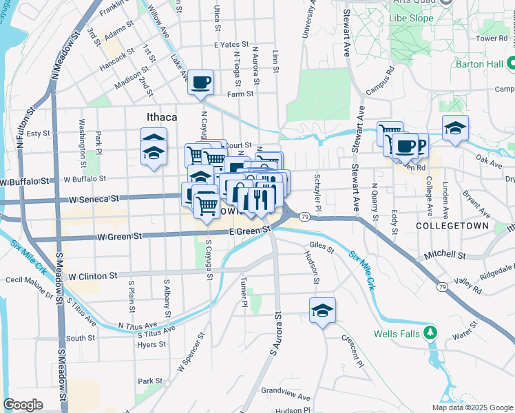 map of restaurants, bars, coffee shops, grocery stores, and more near 104 North Aurora Street in Ithaca