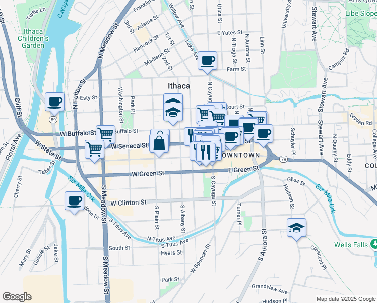 map of restaurants, bars, coffee shops, grocery stores, and more near 108 North Geneva Street in Ithaca