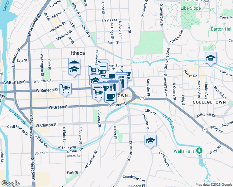 map of restaurants, bars, coffee shops, grocery stores, and more near in Ithaca