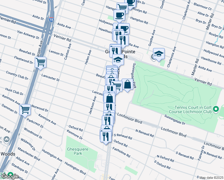 map of restaurants, bars, coffee shops, grocery stores, and more near 20439 Mack Avenue in Grosse Pointe Woods
