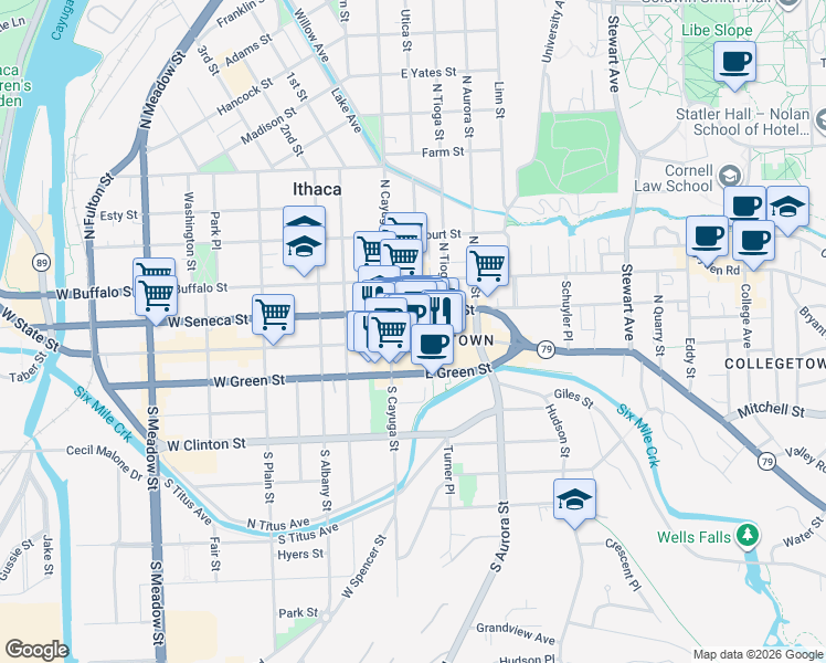 map of restaurants, bars, coffee shops, grocery stores, and more near in Ithaca