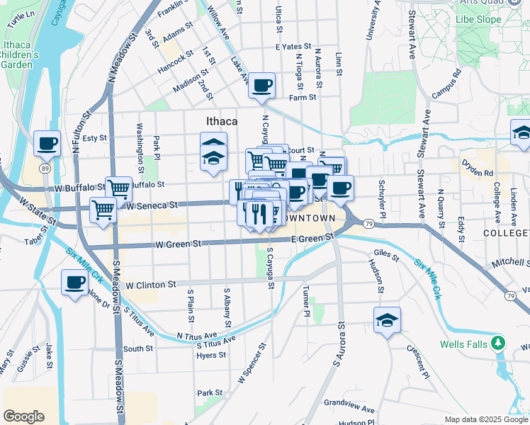 map of restaurants, bars, coffee shops, grocery stores, and more near 108 North Cayuga Street in Ithaca
