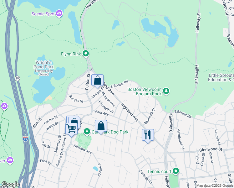 map of restaurants, bars, coffee shops, grocery stores, and more near 861 Highland Avenue in Medford