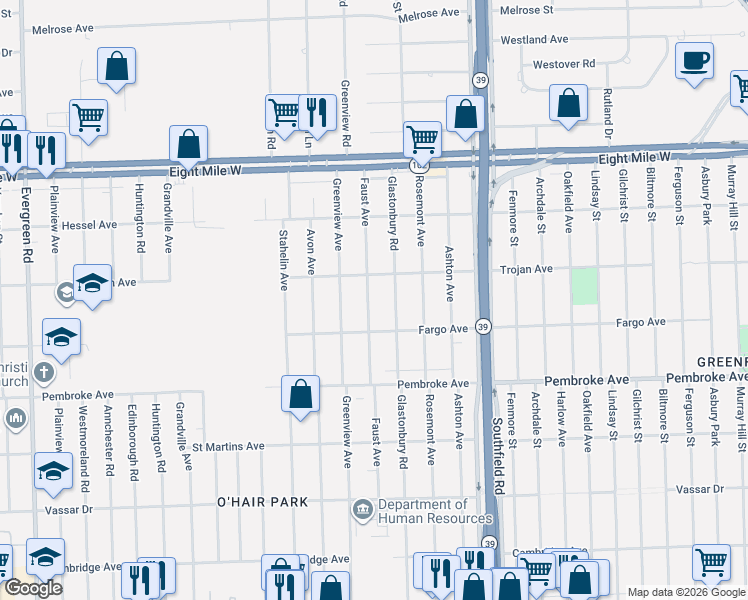map of restaurants, bars, coffee shops, grocery stores, and more near 20044 Faust Avenue in Detroit