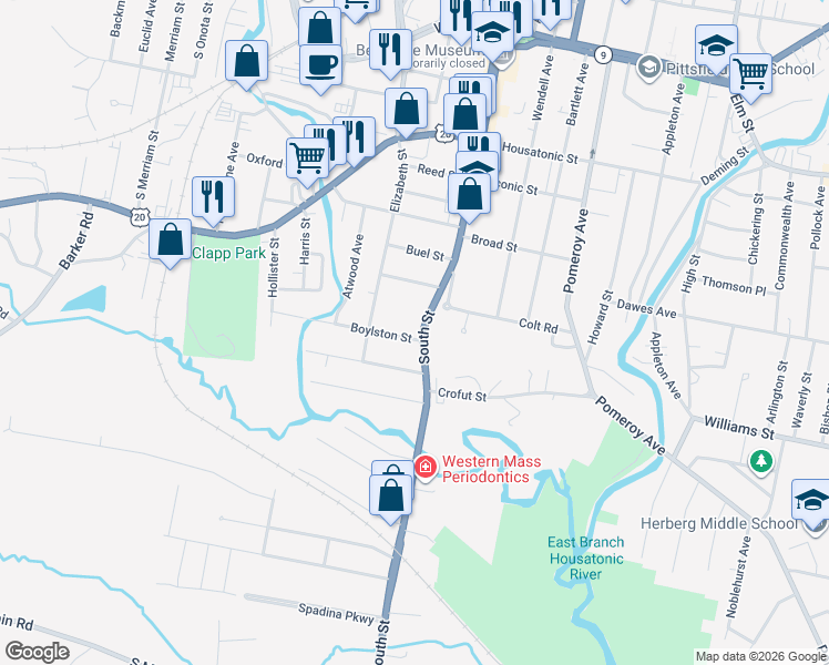 map of restaurants, bars, coffee shops, grocery stores, and more near 322 South Street in Pittsfield