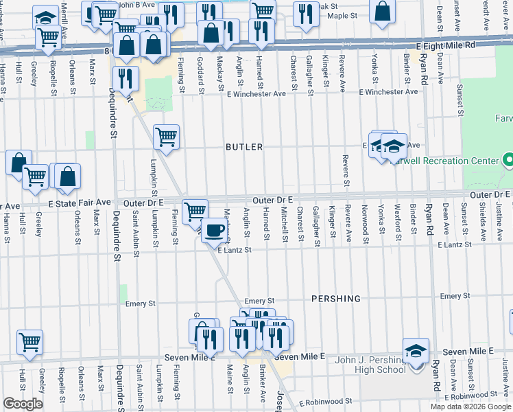 map of restaurants, bars, coffee shops, grocery stores, and more near 1818 Outer Drive East in Detroit
