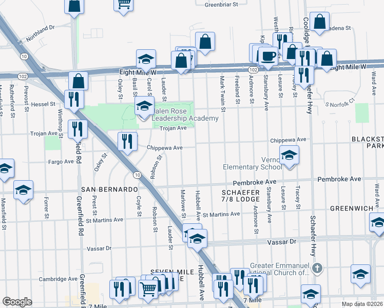 map of restaurants, bars, coffee shops, grocery stores, and more near 20002 Marlowe Street in Detroit