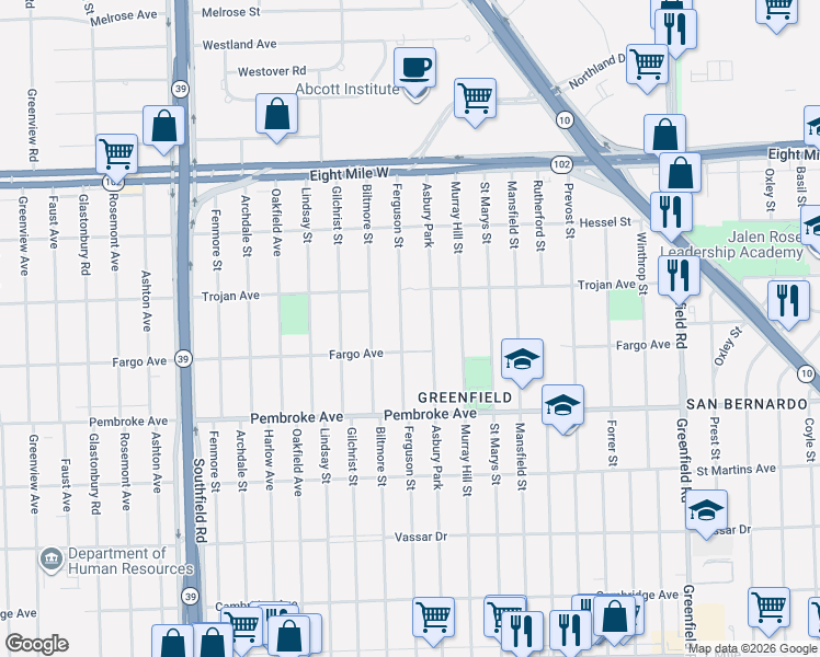 map of restaurants, bars, coffee shops, grocery stores, and more near 20018 Ferguson Street in Detroit