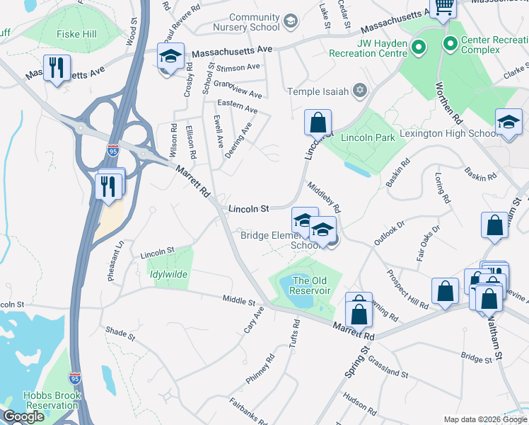 map of restaurants, bars, coffee shops, grocery stores, and more near 248 Lincoln Street in Lexington
