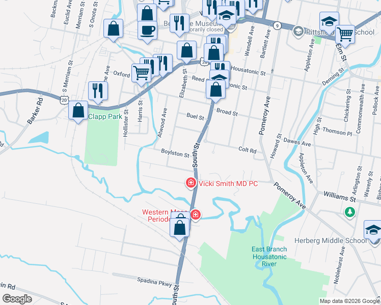 map of restaurants, bars, coffee shops, grocery stores, and more near 322 South Street in Pittsfield