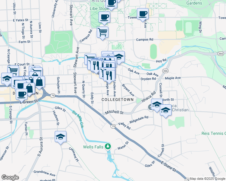 map of restaurants, bars, coffee shops, grocery stores, and more near 201 College Avenue in Ithaca