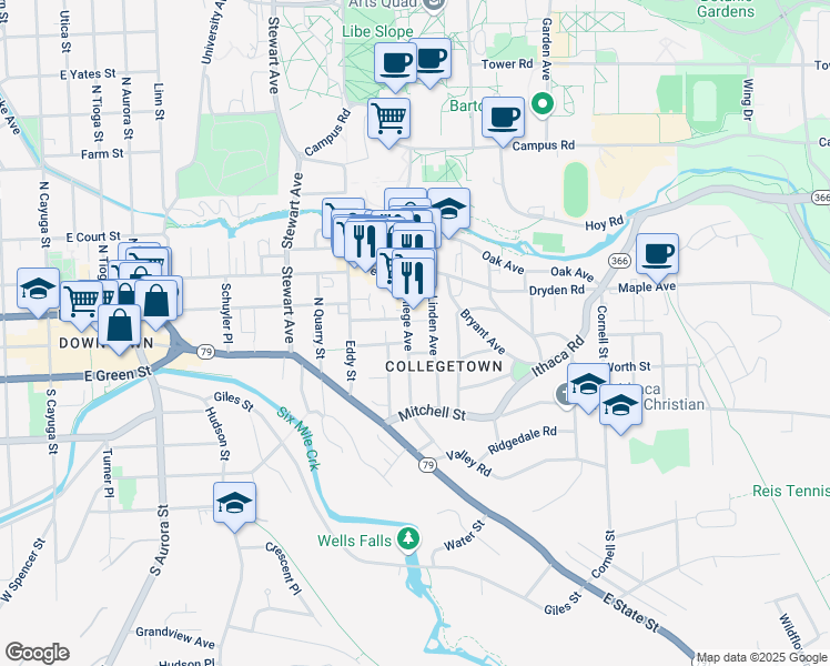 map of restaurants, bars, coffee shops, grocery stores, and more near 201 College Avenue in Ithaca