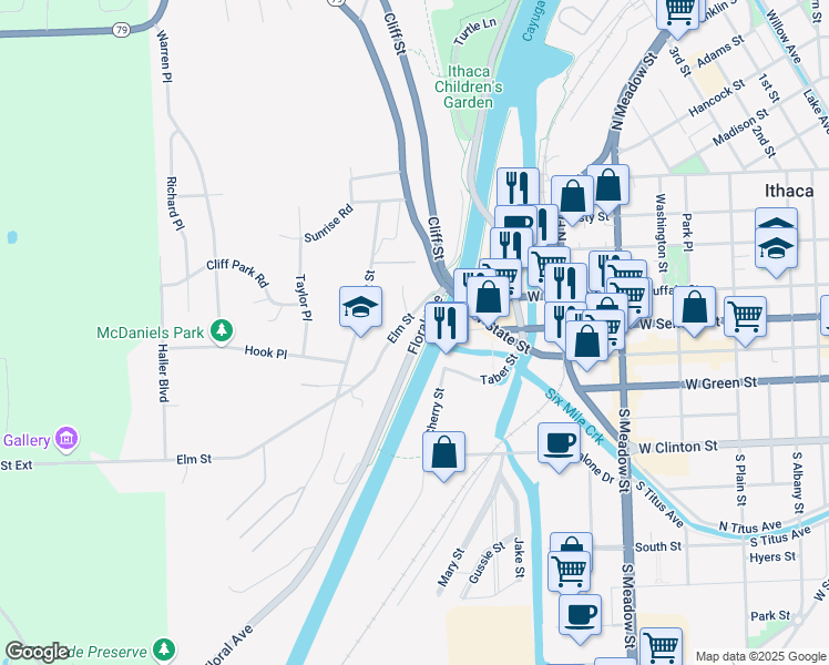 map of restaurants, bars, coffee shops, grocery stores, and more near 226-236 Floral Avenue in Ithaca