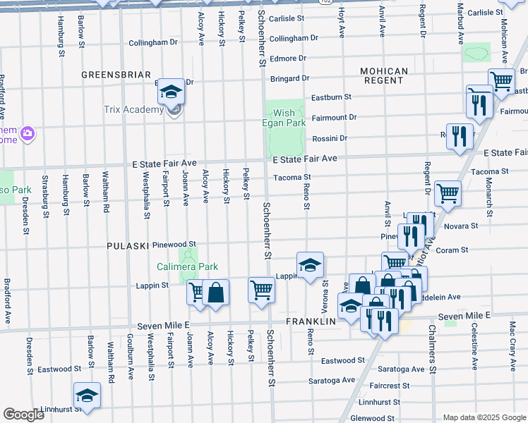 map of restaurants, bars, coffee shops, grocery stores, and more near 19558 Pelkey Street in Detroit