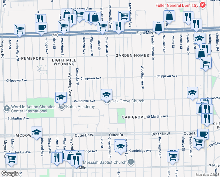 map of restaurants, bars, coffee shops, grocery stores, and more near 19954 Cherrylawn Street in Detroit