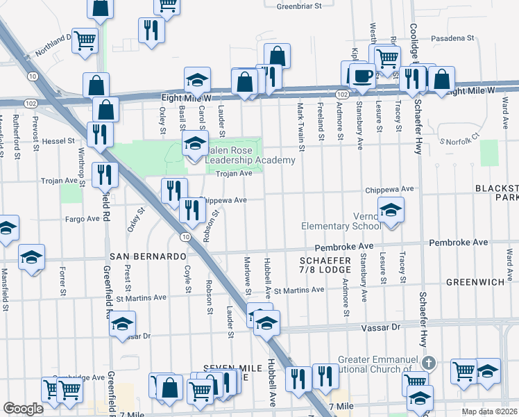 map of restaurants, bars, coffee shops, grocery stores, and more near 20002 Marlowe Street in Detroit