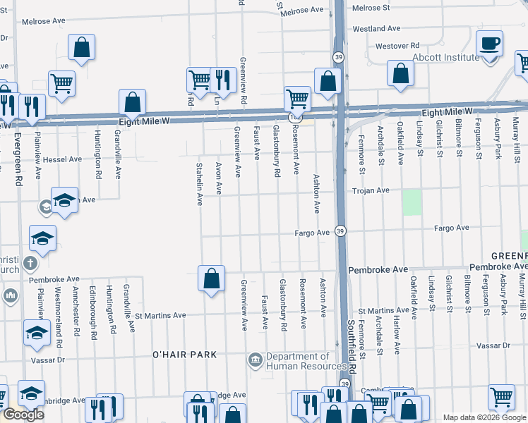 map of restaurants, bars, coffee shops, grocery stores, and more near 20044 Faust Avenue in Detroit