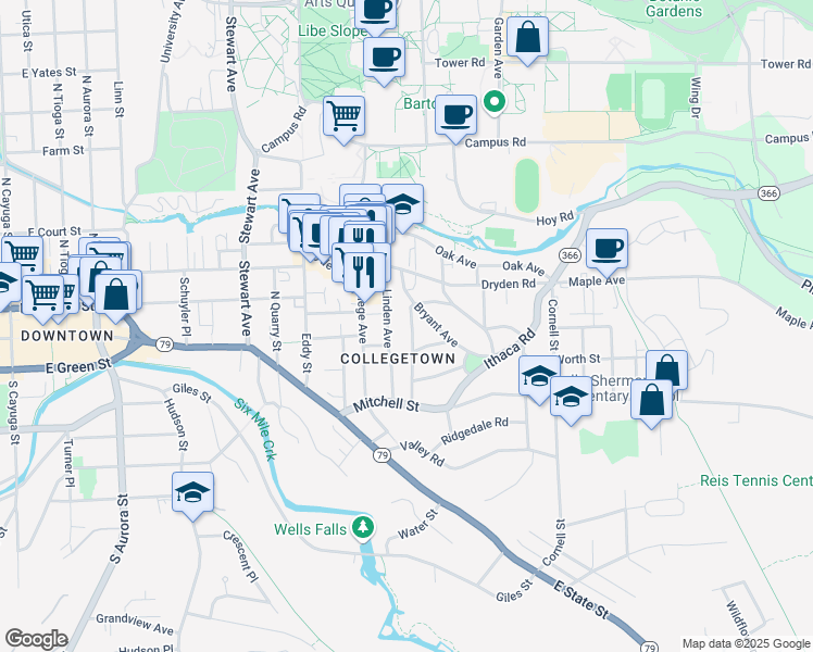 map of restaurants, bars, coffee shops, grocery stores, and more near 210 Delaware Avenue in Ithaca