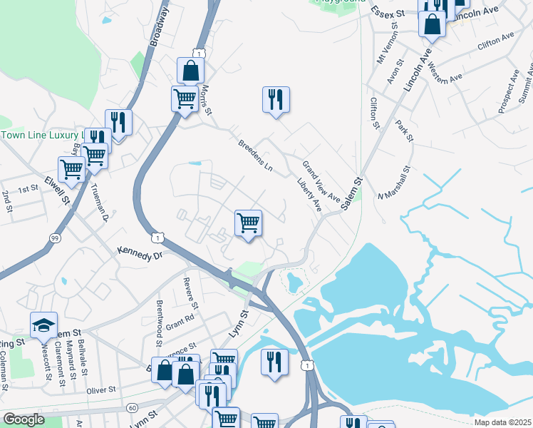 map of restaurants, bars, coffee shops, grocery stores, and more near 11 Overlook Ridge Drive in Revere