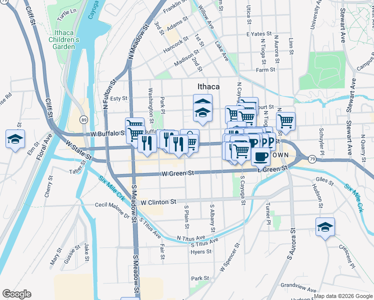 map of restaurants, bars, coffee shops, grocery stores, and more near 111 North Plain Street in Ithaca