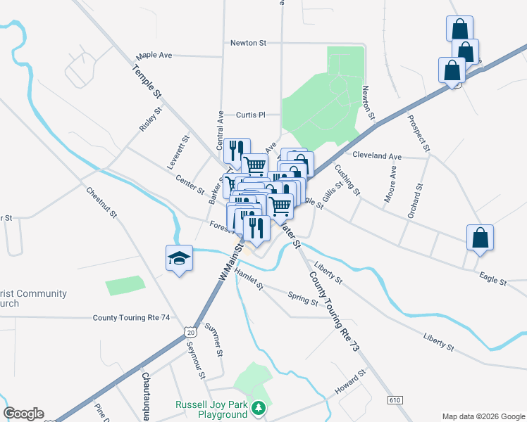map of restaurants, bars, coffee shops, grocery stores, and more near 3 West Main Street in Fredonia