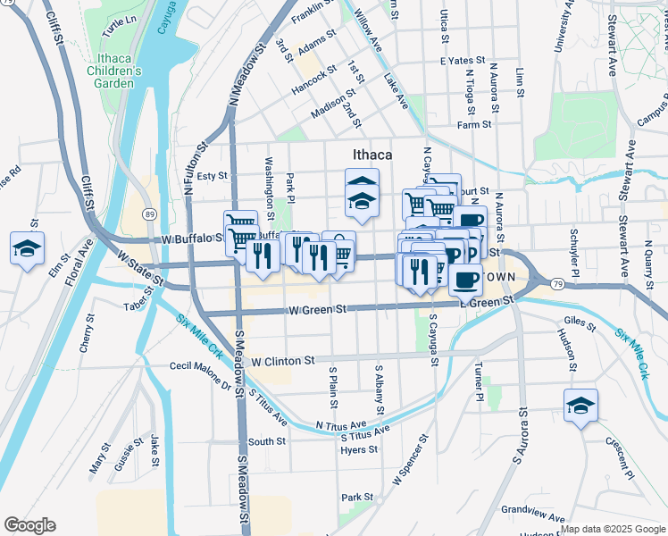 map of restaurants, bars, coffee shops, grocery stores, and more near 111 North Plain Street in Ithaca