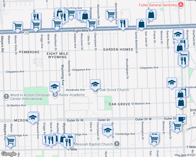 map of restaurants, bars, coffee shops, grocery stores, and more near 19954 Cherrylawn Street in Detroit